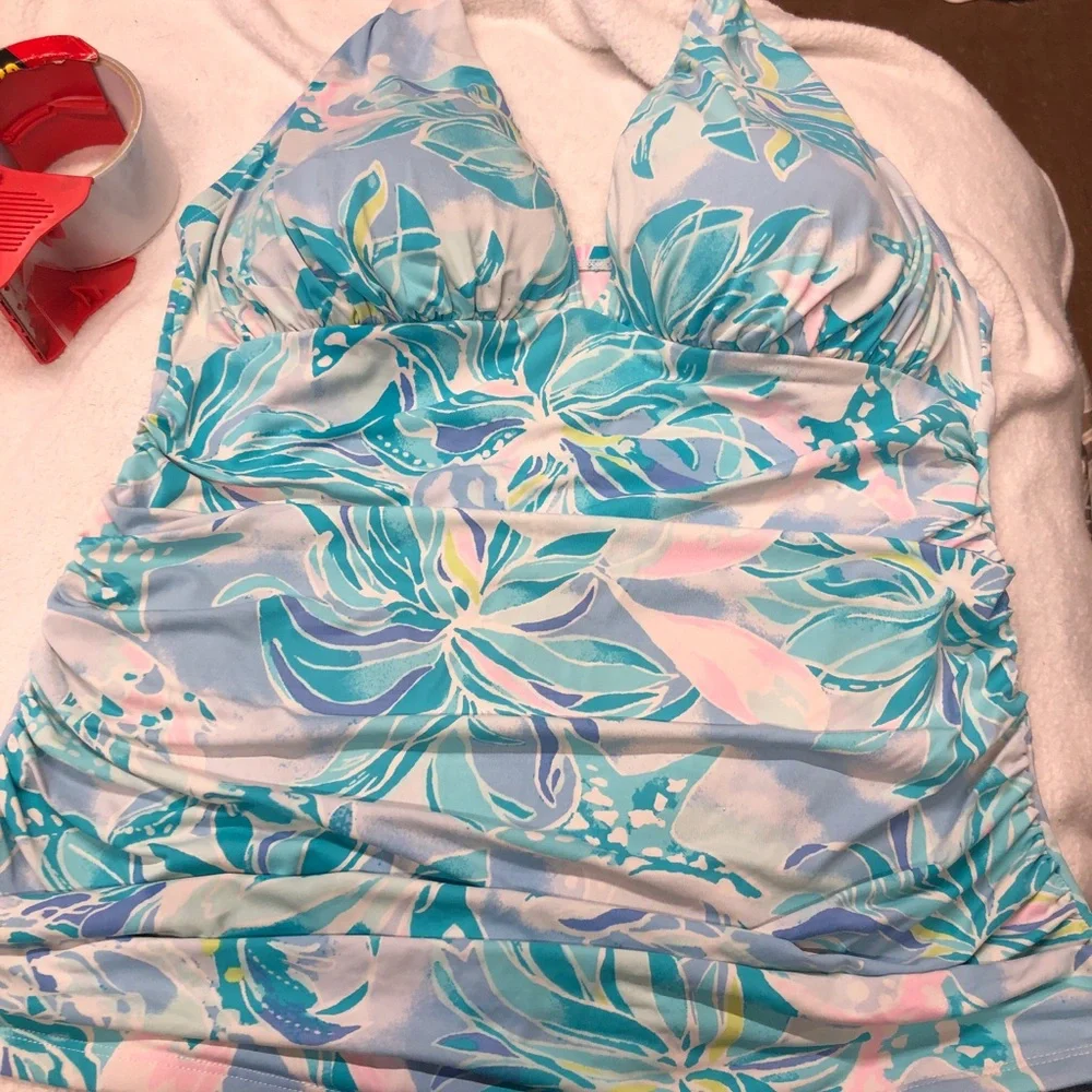 Lilly Pulitzer GUC Blue Floral Ruched Halter Tankini Top size 12